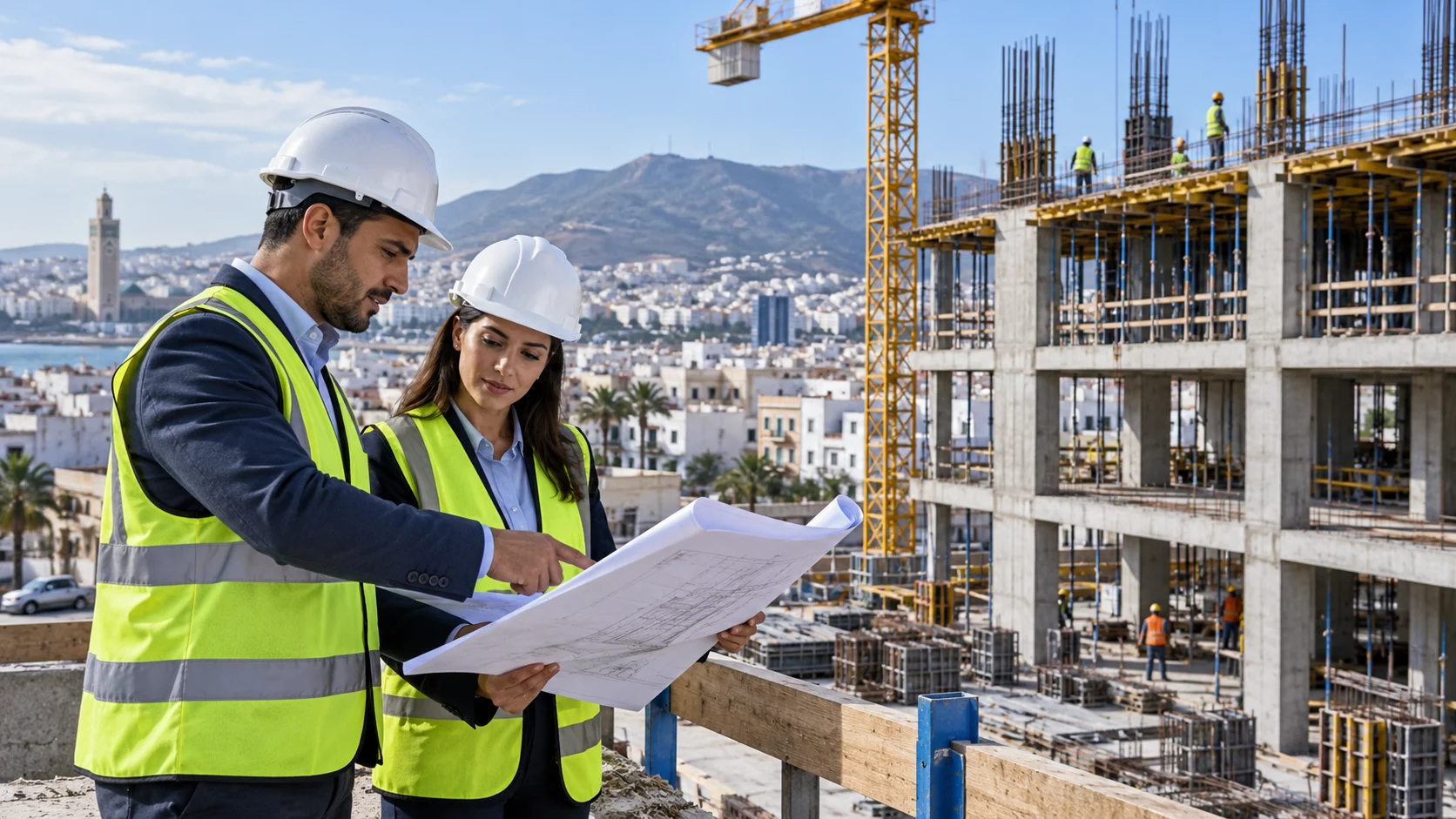 Illustration d’ingénieurs examinant des plans sur un chantier