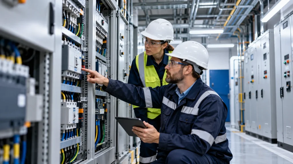 Illustration d’une équipe inspectant une installation électrique