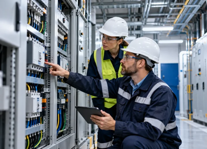 Illustration d’une équipe inspectant une installation électrique